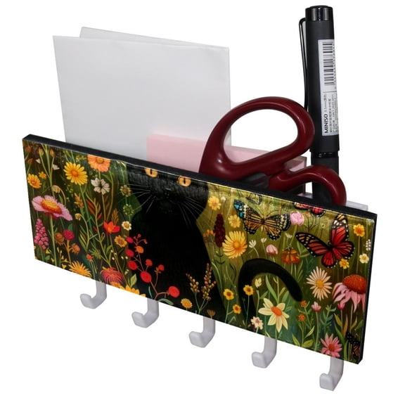 PhooArto Key Holder for Wall Decorative with 5 Key Hooks, Black Cat Flowers Butterflies Holders Wall Mount Organizer with Mail Key Rack, Self Adhesive