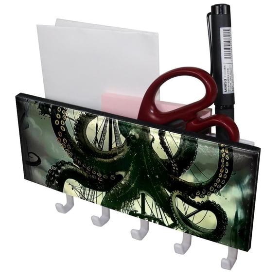 PhooArto Key Holder for Wall Decorative with 5 Key Hooks, Black Octopus Tentacles Nautical Ship Holders Wall Mount Organizer with Mail Key Rack, Self Adhesive