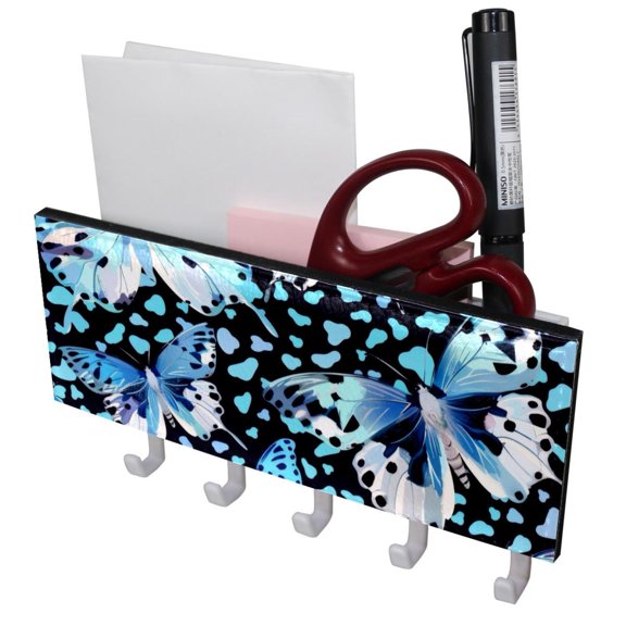 PhooArto Key Holder for Wall Decorative with 5 Key Hooks, Blue Butterfly Leopard Pattern Holders Wall Mount Organizer with Mail Key Rack, Self Adhesive