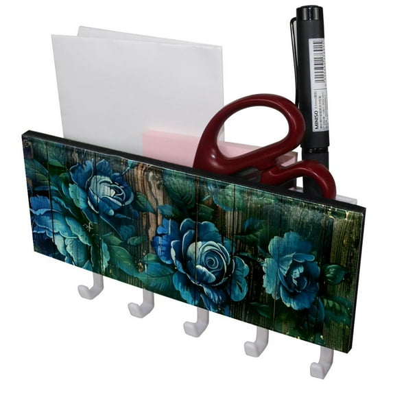 PhooArto Key Holder for Wall Decorative with 5 Key Hooks, Blue Roses Pattern Rustic Wooden Holders Wall Mount Organizer with Mail Key Rack, Self Adhesive
