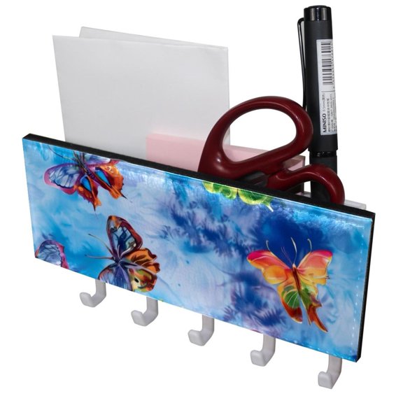PhooArto Key Holder for Wall Decorative with 5 Key Hooks, Blue Tie Dye Butterfly Pattern Holders Wall Mount Organizer with Mail Key Rack, Self Adhesive