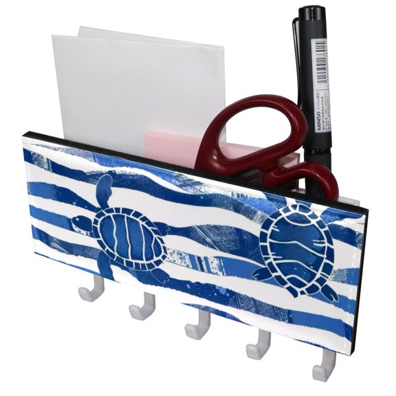 PhooArto Key Holder for Wall Decorative with 5 Key Hooks, Blue Turtle Wave Stripe Pattern Holders Wall Mount Organizer with Mail Key Rack, Self Adhesive