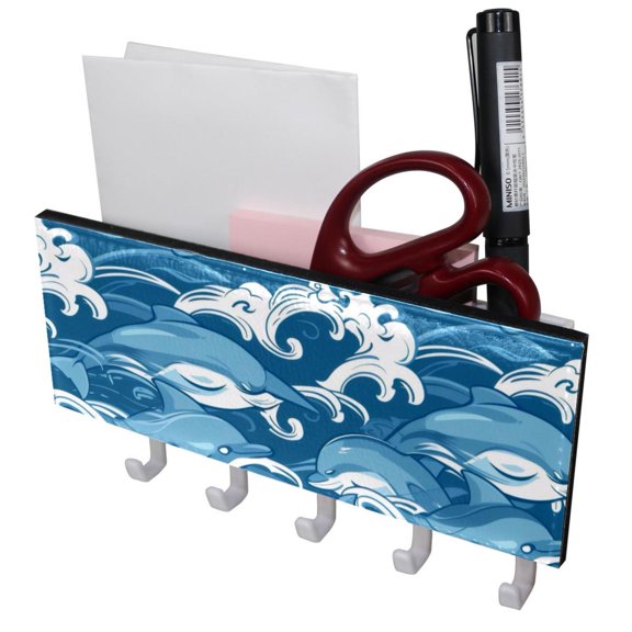 PhooArto Key Holder for Wall Decorative with 5 Key Hooks, Blue Wave Cute Dolphin Pattern Holders Wall Mount Organizer with Mail Key Rack, Self Adhesive