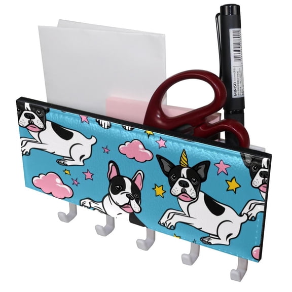 PhooArto Key Holder for Wall Decorative with 5 Key Hooks, Boston Terriers Cartoon Pattern Holders Wall Mount Organizer with Mail Key Rack, Self Adhesive