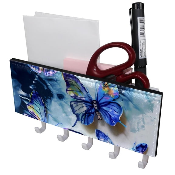 PhooArto Key Holder for Wall Decorative with 5 Key Hooks, Butterflies Tie Dye Paintaing Holders Wall Mount Organizer with Mail Key Rack, Self Adhesive