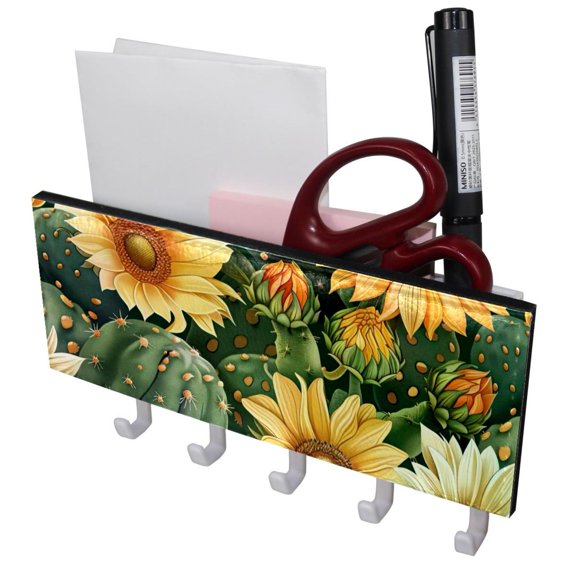 PhooArto Key Holder for Wall Decorative with 5 Key Hooks, Cactus and Sunflowers Pattern Holders Wall Mount Organizer with Mail Key Rack, Self Adhesive