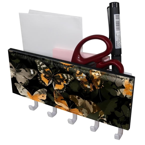 PhooArto Key Holder for Wall Decorative with 5 Key Hooks, Camouflage Butterfly Patterns Holders Wall Mount Organizer with Mail Key Rack, Self Adhesive