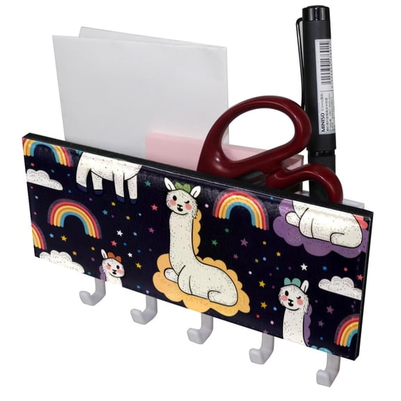 PhooArto Key Holder for Wall Decorative with 5 Key Hooks, Cartoon Alpaca Rainbow Pattern Holders Wall Mount Organizer with Mail Key Rack, Self Adhesive