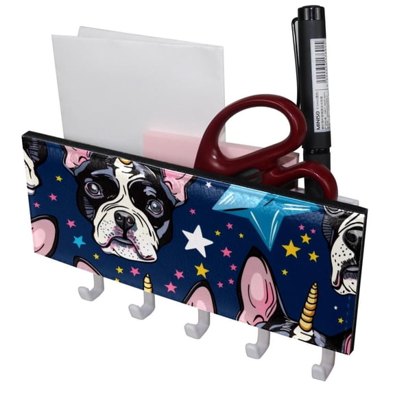PhooArto Key Holder for Wall Decorative with 5 Key Hooks, Cartoon Boston Terriers Unicorn Pattern Holders Wall Mount Organizer with Mail Key Rack, Self Adhesive