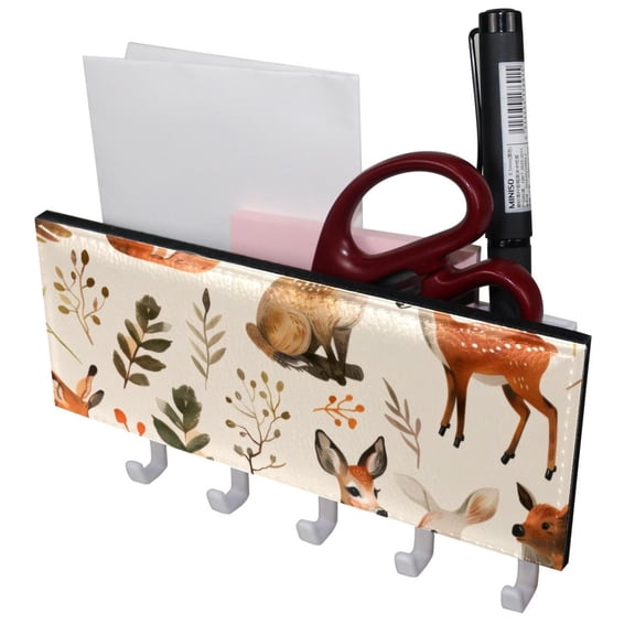 PhooArto Key Holder for Wall Decorative with 5 Key Hooks, Cartoon Forest Animal Pattern Holders Wall Mount Organizer with Mail Key Rack, Self Adhesive
