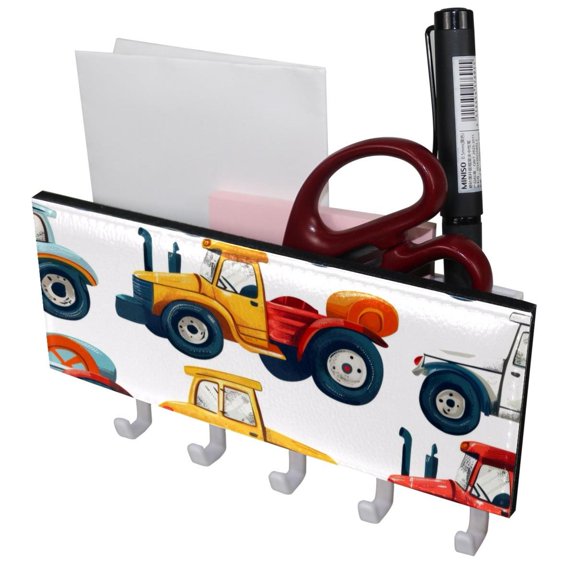 PhooArto Key Holder for Wall Decorative with 5 Key Hooks, Cartoon Tractor Truck Pattern Holders Wall Mount Organizer with Mail Key Rack, Self Adhesive