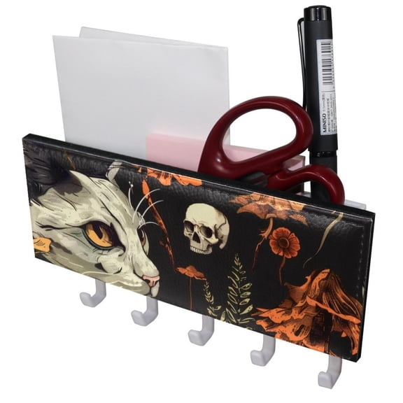 PhooArto Key Holder for Wall Decorative with 5 Key Hooks, Cat Skull Flowers Mushroom Pattern Holders Wall Mount Organizer with Mail Key Rack, Self Adhesive