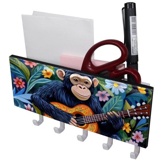 PhooArto Key Holder for Wall Decorative with 5 Key Hooks, Chimpanzee Guitar and Flowers Holders Wall Mount Organizer with Mail Key Rack, Self Adhesive
