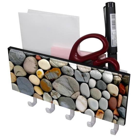 PhooArto Key Holder for Wall Decorative with 5 Key Hooks, Circle Pebble Cobblestones Pattern Holders Wall Mount Organizer with Mail Key Rack, Self Adhesive
