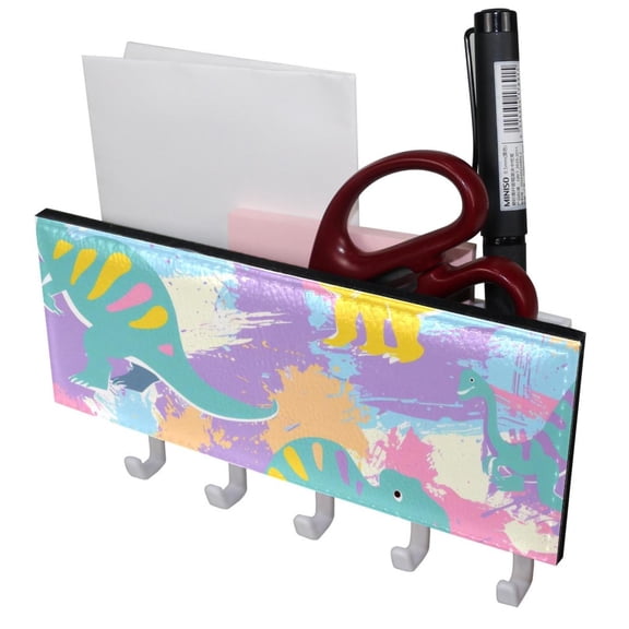 PhooArto Key Holder for Wall Decorative with 5 Key Hooks, Colorful Animal Dinosaur Pattern Holders Wall Mount Organizer with Mail Key Rack, Self Adhesive