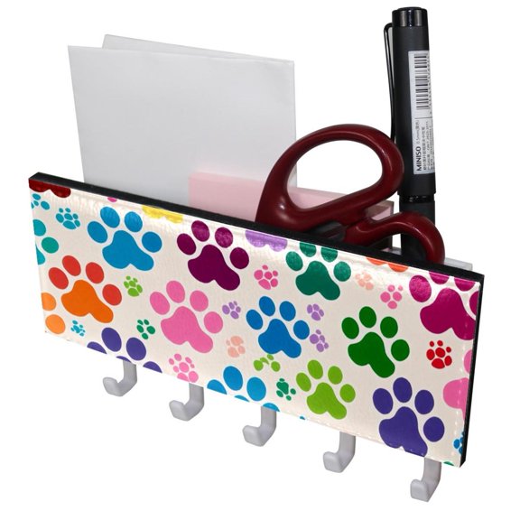 PhooArto Key Holder for Wall Decorative with 5 Key Hooks, Colorful Dog Paw Footprint Pattern Holders Wall Mount Organizer with Mail Key Rack, Self Adhesive