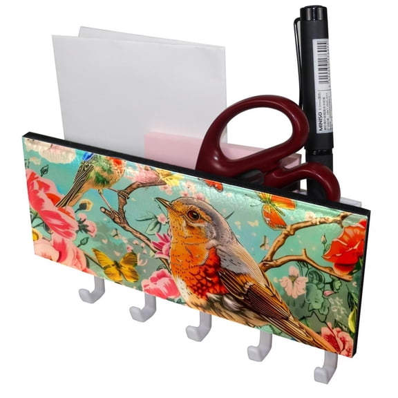 PhooArto Key Holder for Wall Decorative with 5 Key Hooks, Colorful Flowers Birds Butterfly Holders Wall Mount Organizer with Mail Key Rack, Self Adhesive