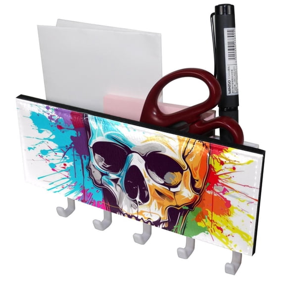 PhooArto Key Holder for Wall Decorative with 5 Key Hooks, Colorful Splash Skull Pattern Holders Wall Mount Organizer with Mail Key Rack, Self Adhesive
