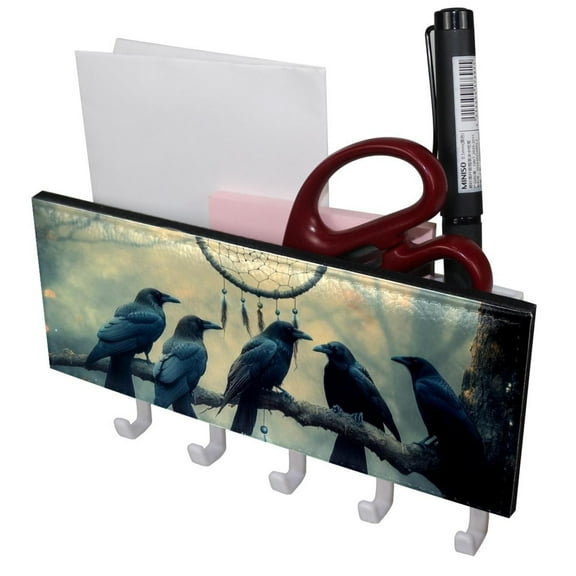 PhooArto Key Holder for Wall Decorative with 5 Key Hooks, Crows Tree Branch Dreamcatcher Holders Wall Mount Organizer with Mail Key Rack, Self Adhesive