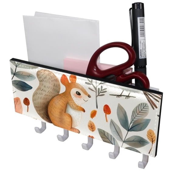 PhooArto Key Holder for Wall Decorative with 5 Key Hooks, Cute Bird Squirrel Forest Pattern Holders Wall Mount Organizer with Mail Key Rack, Self Adhesive