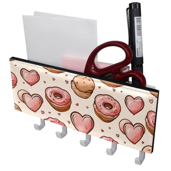 PhooArto Key Holder for Wall Decorative with 5 Key Hooks, Cute Donuts Love Hearts Pattern Holders Wall Mount Organizer with Mail Key Rack, Self Adhesive