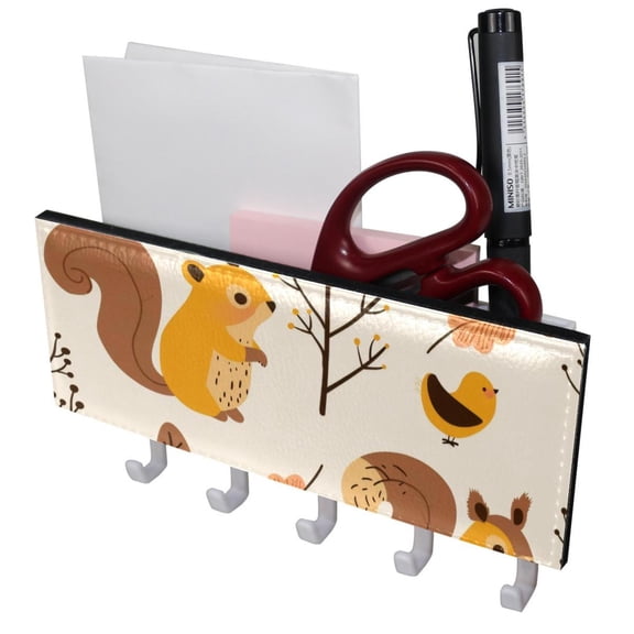 PhooArto Key Holder for Wall Decorative with 5 Key Hooks, Cute Squirrel Bird Forest Pattern Holders Wall Mount Organizer with Mail Key Rack, Self Adhesive