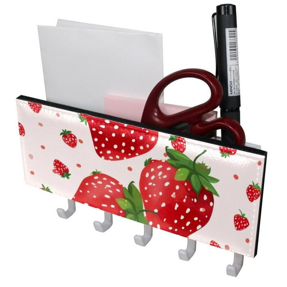 PhooArto Key Holder for Wall Decorative with 5 Key Hooks, Cute Strawberries Dots Pattern Holders Wall Mount Organizer with Mail Key Rack, Self Adhesive