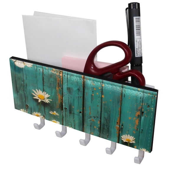 PhooArto Key Holder for Wall Decorative with 5 Key Hooks, Daisy Floral Butterfly on Teal Wooden Holders Wall Mount Organizer with Mail Key Rack, Self Adhesive