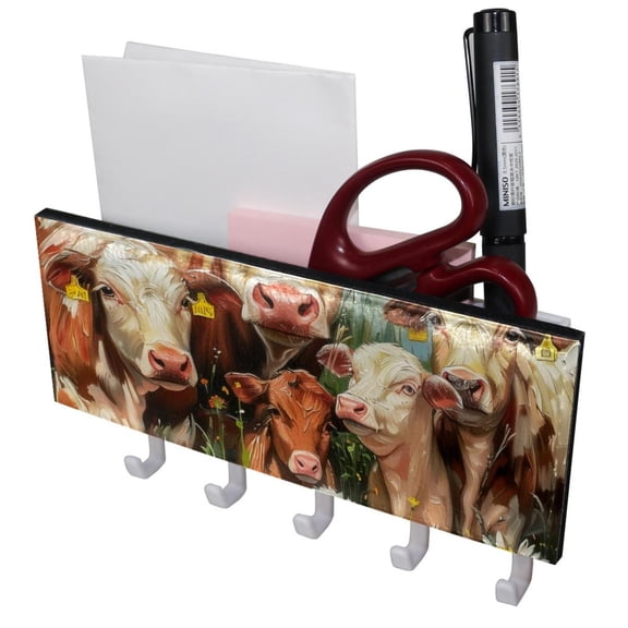 PhooArto Key Holder for Wall Decorative with 5 Key Hooks, Daisy Flowers Farm Animals Cows Holders Wall Mount Organizer with Mail Key Rack, Self Adhesive