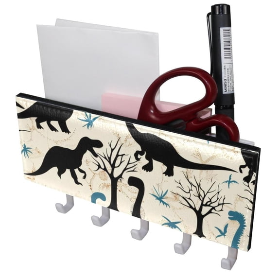 PhooArto Key Holder for Wall Decorative with 5 Key Hooks, Dinosaurs Tree Silhouettes Pattern Holders Wall Mount Organizer with Mail Key Rack, Self Adhesive