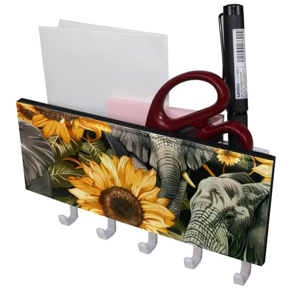PhooArto Key Holder for Wall Decorative with 5 Key Hooks, Elephants and Sunflower Pattern Holders Wall Mount Organizer with Mail Key Rack, Self Adhesive