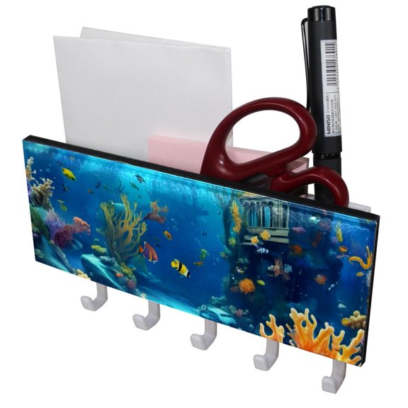 PhooArto Key Holder for Wall Decorative with 5 Key Hooks, Fantastic Underwater World Fish Holders Wall Mount Organizer with Mail Key Rack, Self Adhesive