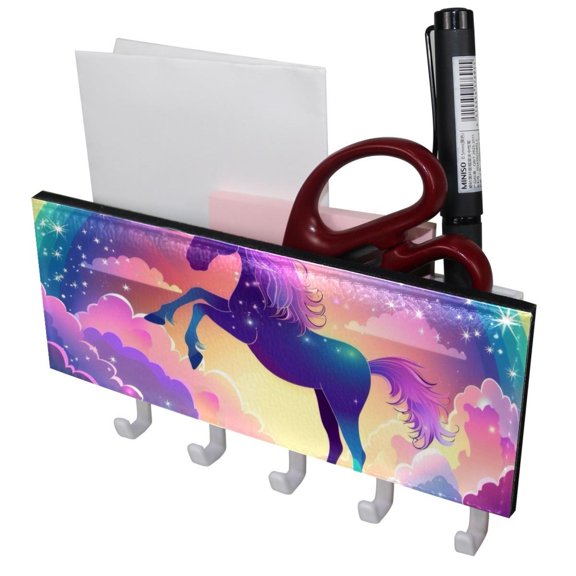 PhooArto Key Holder for Wall Decorative with 5 Key Hooks, Fantasy Rainbow Stars Unicorn Holders Wall Mount Organizer with Mail Key Rack, Self Adhesive