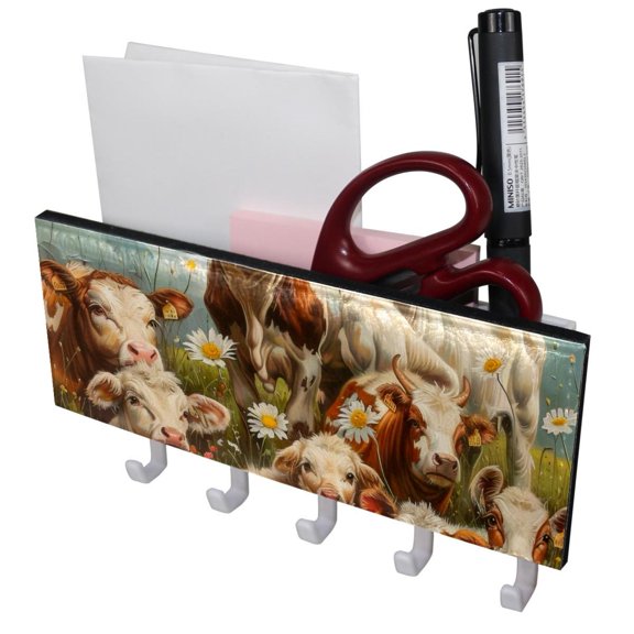 PhooArto Key Holder for Wall Decorative with 5 Key Hooks, Farm Animals and Daisy Flowers Holders Wall Mount Organizer with Mail Key Rack, Self Adhesive