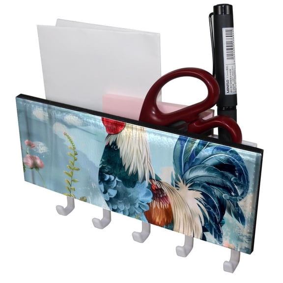 PhooArto Key Holder for Wall Decorative with 5 Key Hooks, Farmhouse Rooster with Flower Holders Wall Mount Organizer with Mail Key Rack, Self Adhesive