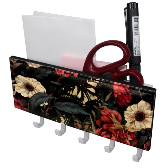 PhooArto Key Holder for Wall Decorative with 5 Key Hooks, Flower Hawk Moth Skull Pattern Holders Wall Mount Organizer with Mail Key Rack, Self Adhesive