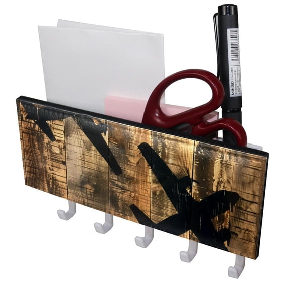 PhooArto Key Holder for Wall Decorative with 5 Key Hooks, Fly Airplane Silhouettes on Wooden Boards Holders Wall Mount Organizer with Mail Key Rack, Self Adhesive