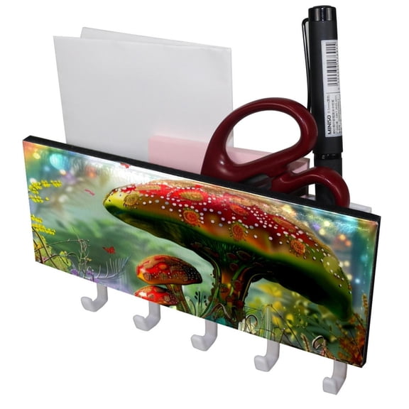 PhooArto Key Holder for Wall Decorative with 5 Key Hooks, Forest Rainbow Mushroom Painting Holders Wall Mount Organizer with Mail Key Rack, Self Adhesive