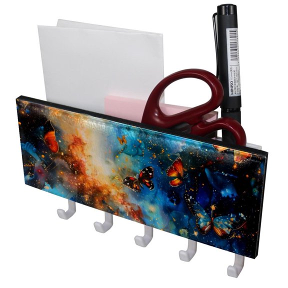 PhooArto Key Holder for Wall Decorative with 5 Key Hooks, Galaxy Colors Dancing Butterflies Holders Wall Mount Organizer with Mail Key Rack, Self Adhesive