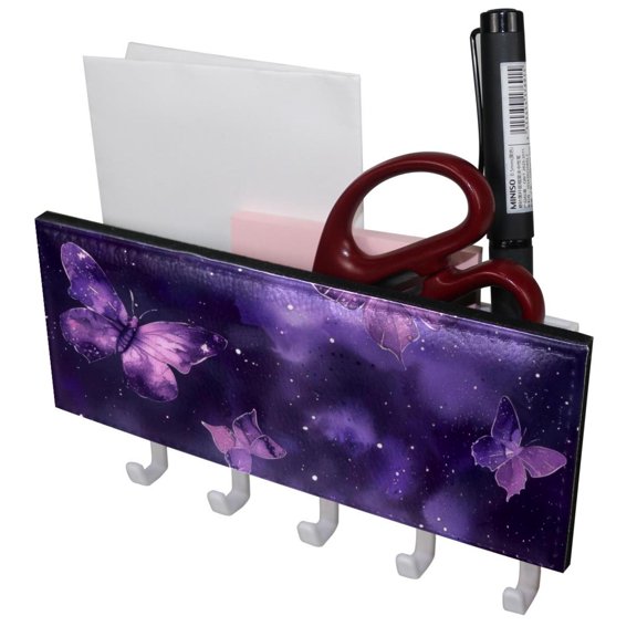PhooArto Key Holder for Wall Decorative with 5 Key Hooks, Galaxy Purple Butterfly Pattern Holders Wall Mount Organizer with Mail Key Rack, Self Adhesive