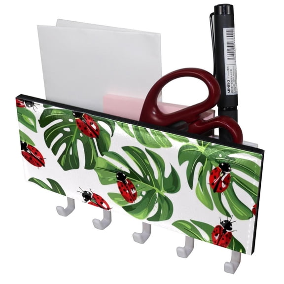 PhooArto Key Holder for Wall Decorative with 5 Key Hooks, Geen Palm Leaf Ladybugs Pattern Holders Wall Mount Organizer with Mail Key Rack, Self Adhesive