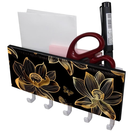 PhooArto Key Holder for Wall Decorative with 5 Key Hooks, Golden Lotus Butterfly Pattern Holders Wall Mount Organizer with Mail Key Rack, Self Adhesive