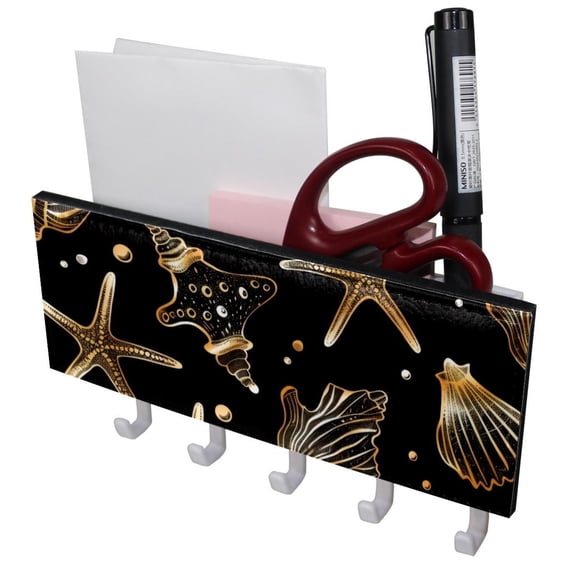 PhooArto Key Holder for Wall Decorative with 5 Key Hooks, Golden Starfish Shell Silhouette Holders Wall Mount Organizer with Mail Key Rack, Self Adhesive