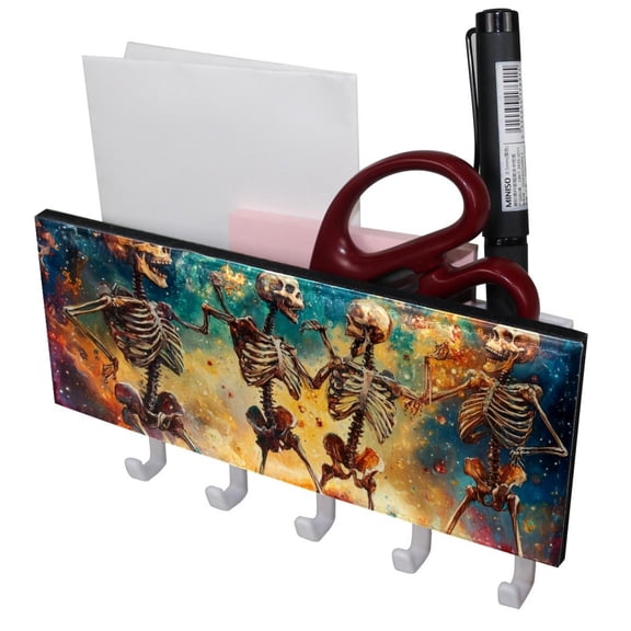 PhooArto Key Holder for Wall Decorative with 5 Key Hooks, Happy Dancing Skeletons Galaxy Holders Wall Mount Organizer with Mail Key Rack, Self Adhesive