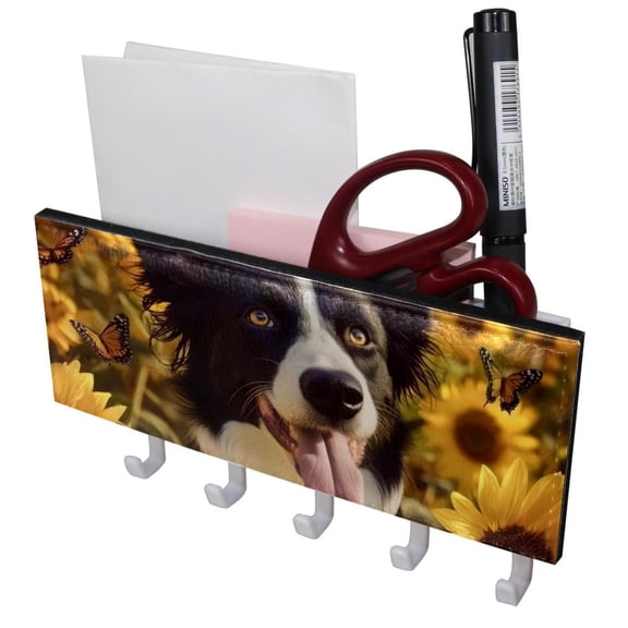 PhooArto Key Holder for Wall Decorative with 5 Key Hooks, Happy Dog Sunflower Butterfly Holders Wall Mount Organizer with Mail Key Rack, Self Adhesive