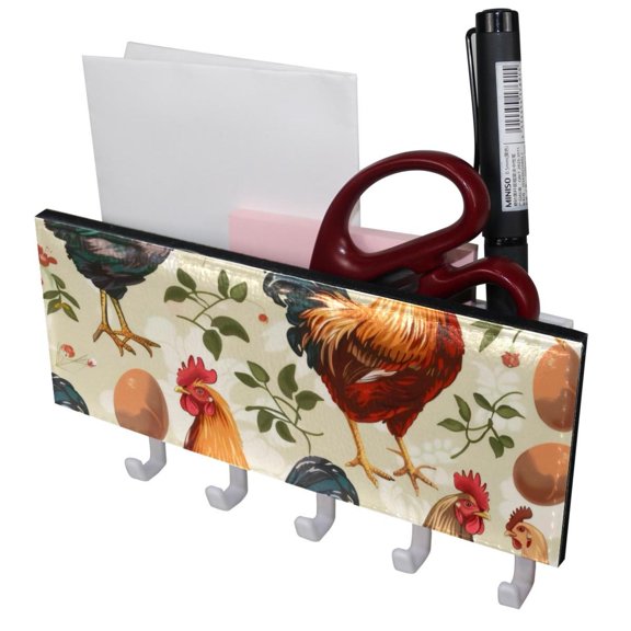 PhooArto Key Holder for Wall Decorative with 5 Key Hooks, Hens Roosters Chicken Eggs Pattern Holders Wall Mount Organizer with Mail Key Rack, Self Adhesive