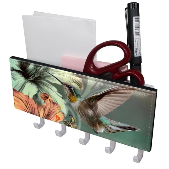 PhooArto Key Holder for Wall Decorative with 5 Key Hooks, Hummingbirds Butterfly Flowers Holders Wall Mount Organizer with Mail Key Rack, Self Adhesive