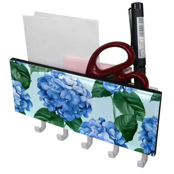PhooArto Key Holder for Wall Decorative with 5 Key Hooks, Hydrangeas Blue Floral Pattern Holders Wall Mount Organizer with Mail Key Rack, Self Adhesive