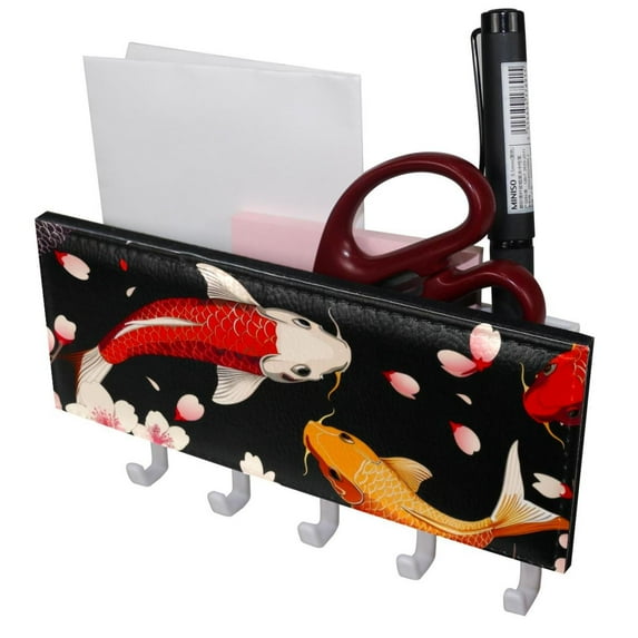 PhooArto Key Holder for Wall Decorative with 5 Key Hooks, Koi Fish Cherry Flower Pattern Holders Wall Mount Organizer with Mail Key Rack, Self Adhesive