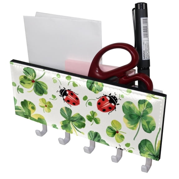 PhooArto Key Holder for Wall Decorative with 5 Key Hooks, Ladybug and Clover Leaves Pattern Holders Wall Mount Organizer with Mail Key Rack, Self Adhesive